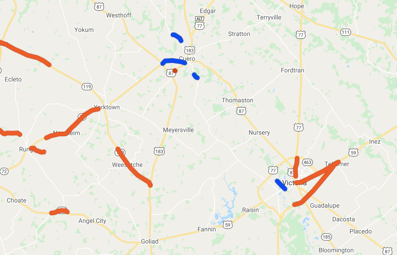 Flooded roads in Victoria and Cuero